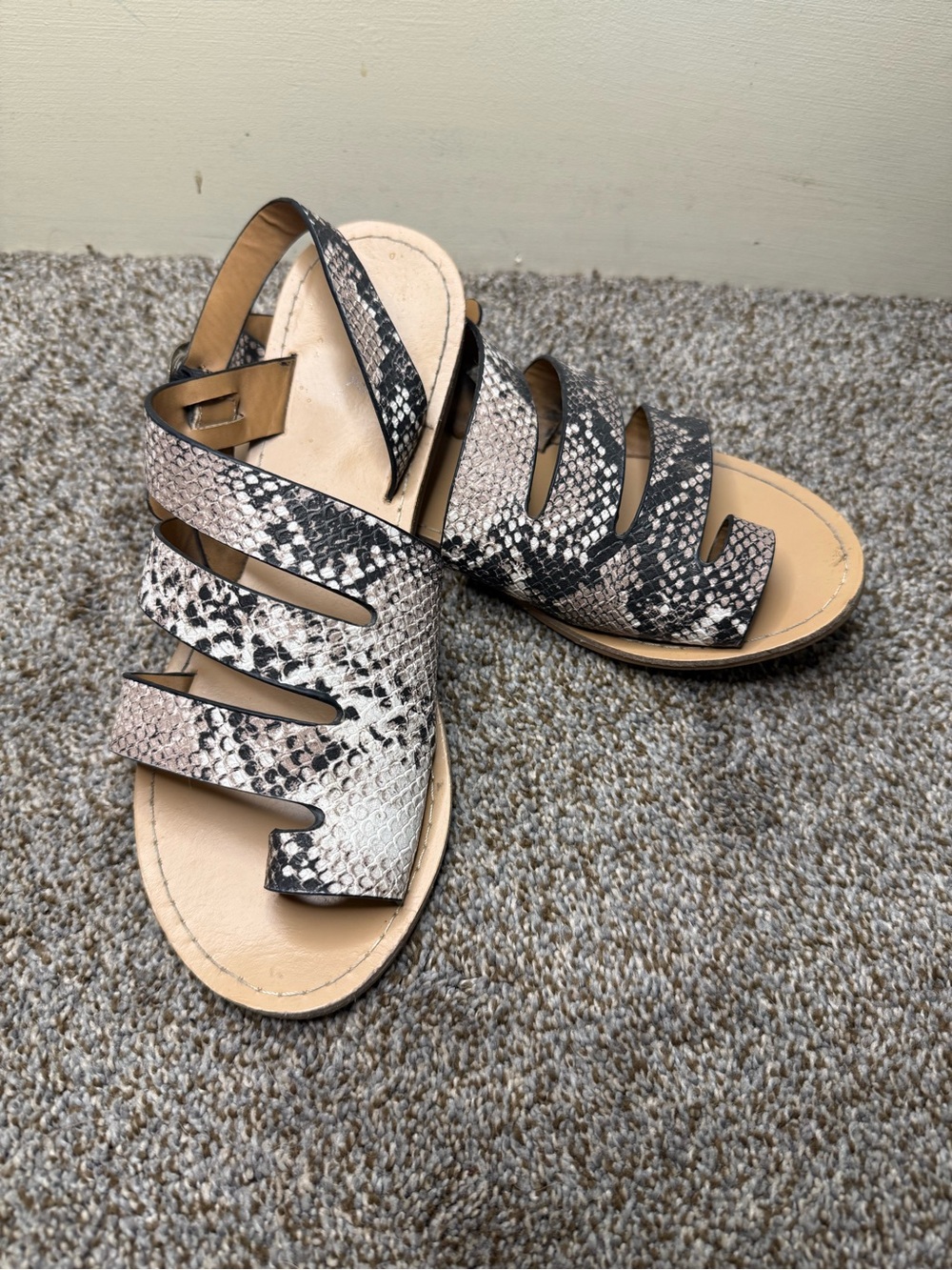 Qupid Snake-Print Cutout Slingback Sandals - Beige/Black